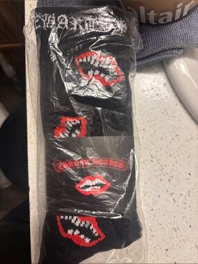 Chrome Hearts Black Crew Socks with Red and White Lip Motif